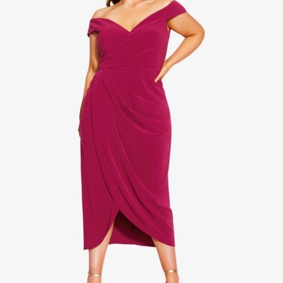 City Chic Plus Size 2X 24 Magenta Off Shouder Midi Cocktail Dress Ripple Love - Picture 2 of 10